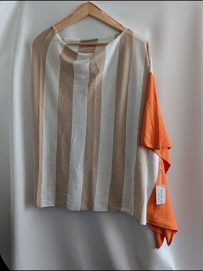 Caroline Grace Cotton Cashmere Striped Beige White Orange Topper Wrap Poncho